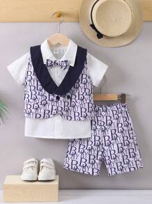 SHEIN 男小童字母圖案馬甲和前蝴蝶結襯衫和短褲套裝 - 彩色 - 查看 1