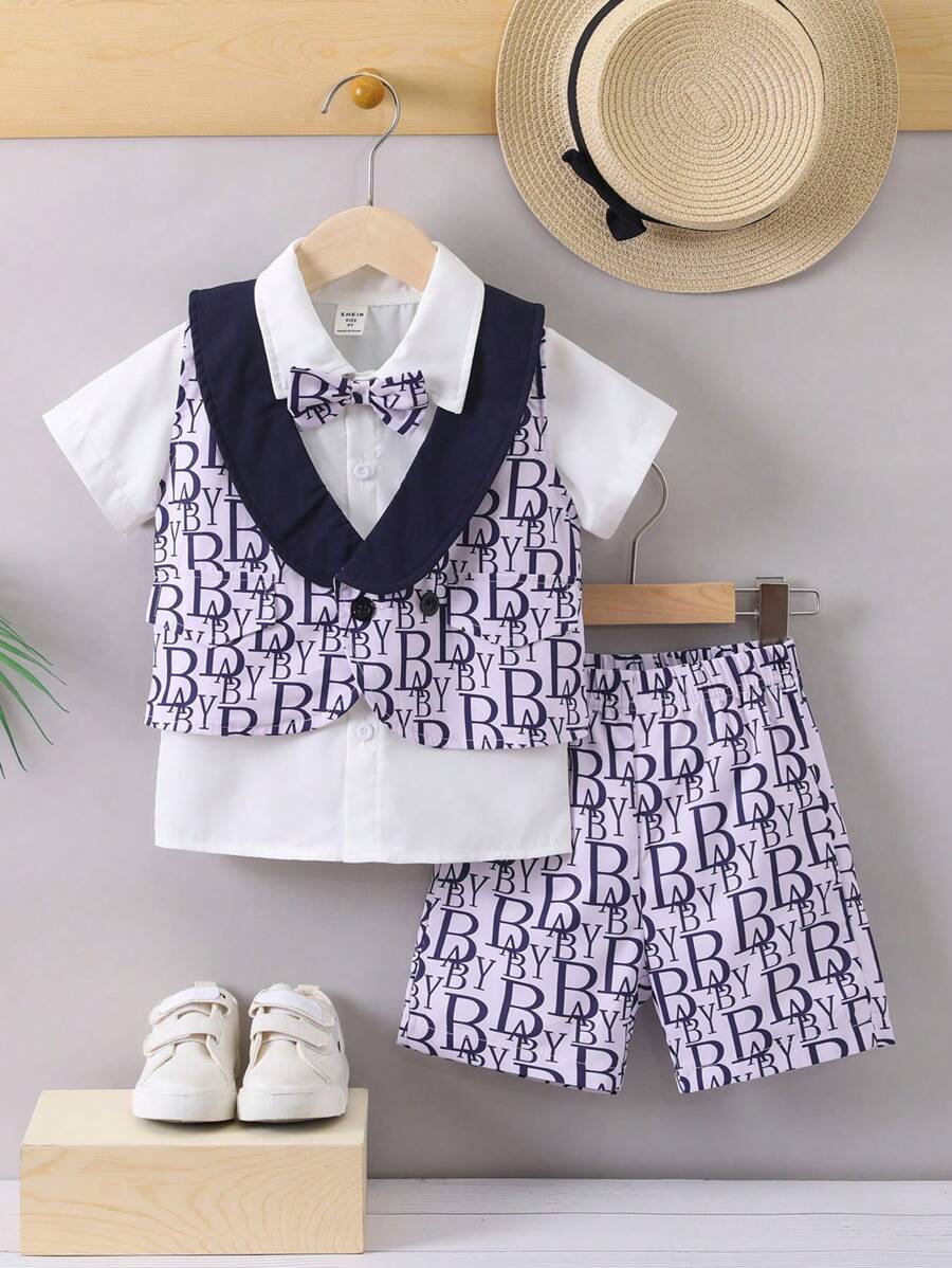 SHEIN 男小童字母圖案馬甲和前蝴蝶結襯衫和短褲套裝 - 彩色 - 查看 1