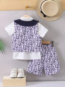 SHEIN 男小童字母圖案馬甲和前蝴蝶結襯衫和短褲套裝 - 彩色 - 查看 2