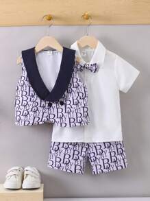 SHEIN 男小童字母圖案馬甲和前蝴蝶結襯衫和短褲套裝 - 彩色 - 查看 3