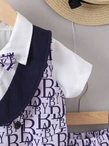 SHEIN 男小童字母圖案馬甲和前蝴蝶結襯衫和短褲套裝 - 彩色 - 查看 4