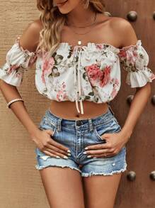 SHEIN VCAY Floral Print Off Shoulder Flounce Sleeve Knot Front Crop Blouse - Multicolor - View 2