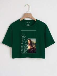 SHEIN EZwear Mona Lisa Print Crop Tee - Dark Green - View 1