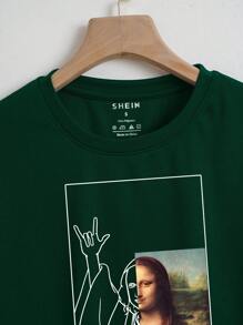 SHEIN EZwear Mona Lisa Print Crop Tee - Dark Green - View 4