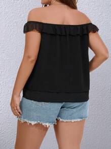 SHEIN Unity Plus Off Shoulder Ruffle Trim Tie Front Blouse - Black - View 2