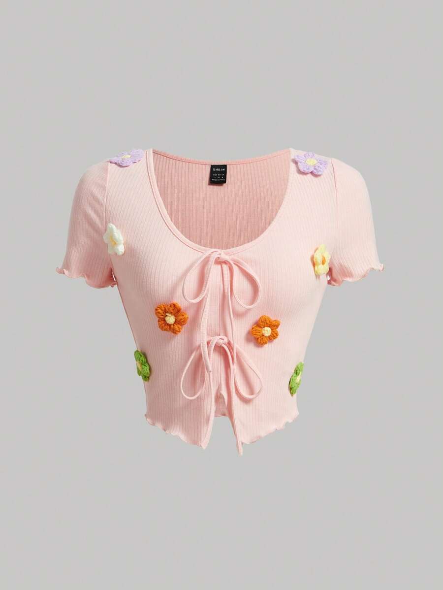 SHEIN MOD 花卉圖案補丁貼木耳邊前繫帶短款T恤 - 淺粉色 - 查看 1
