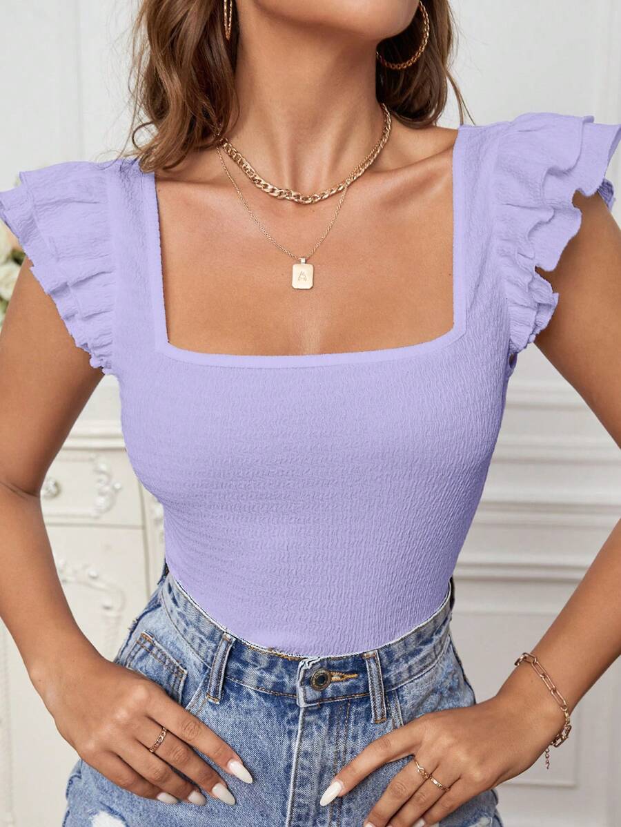 SHEIN VCAY Square Neck Ruffle Trim Tee - Lilac Purple - View 1