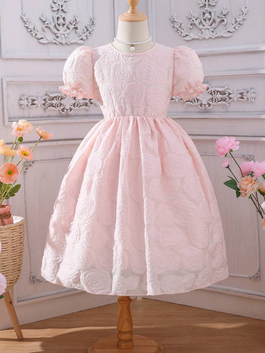 SHEIN Girls Jacquard Puff Sleeve Fuzzy Dress