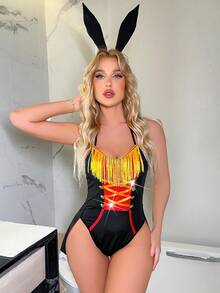 2pack Colourblock Fringe Trim Bunny Costume Teddy Bodysuit Set - Black - View 2