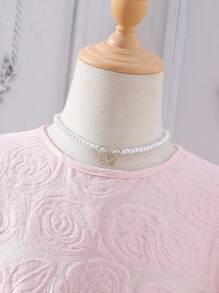 SHEIN Girls Jacquard Puff Sleeve Fuzzy Dress