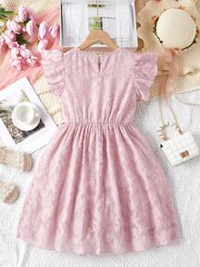 Girls Jacquard Ruffle Trim Dress - Pink - View 2