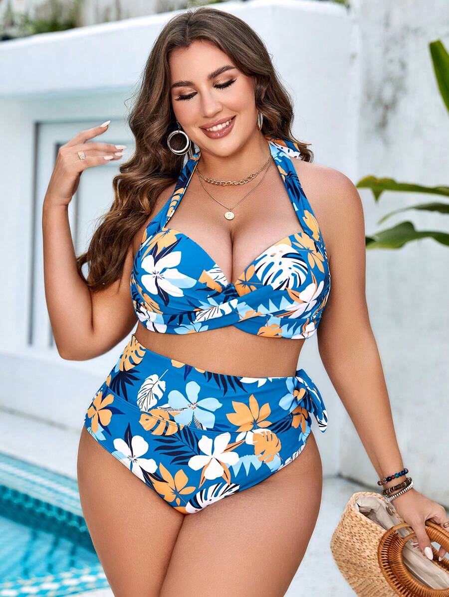 Swim Vcay Plus Size Bộ bikini in hình nhiệt đới dây nâng cao cạp cao đi biển mùa hè - Nhiều màu - Xem 1