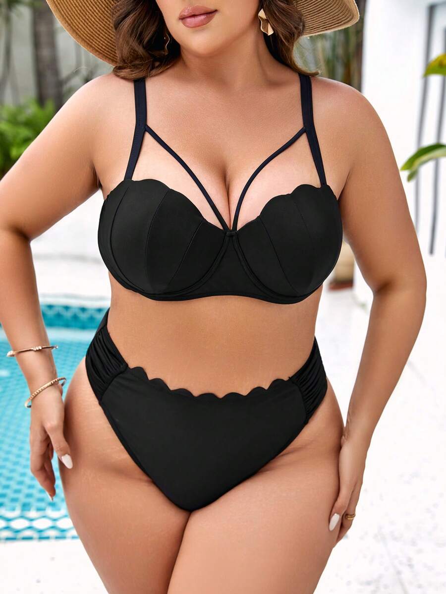 SHEIN 大尺碼扇貝邊聚攏比基尼套裝夏季海灘 - 黑色 - 查看 1