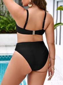 SHEIN 大尺碼扇貝邊聚攏比基尼套裝夏季海灘 - 黑色 - 查看 2