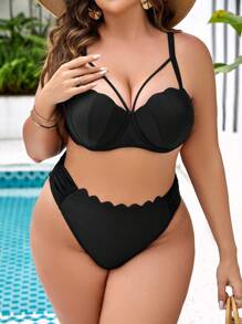 SHEIN 大尺碼扇貝邊聚攏比基尼套裝夏季海灘 - 黑色 - 查看 5