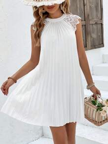 SHEIN Frenchy Đầm Tương phản ren Xếp li màu trơn Thanh lịch - trắng - Xem 1