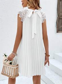 SHEIN Frenchy Đầm Tương phản ren Xếp li màu trơn Thanh lịch - trắng - Xem 2