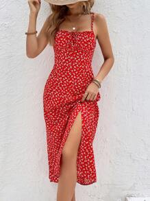 SHEIN Frenchy 碎花前繫帶高衩吊帶洋裝 - 紅色 - 查看 6