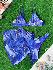 Swim Vcay Summer Beach Marble Print Underwire Bikini Set With Beach Skirt - Blue - View 3