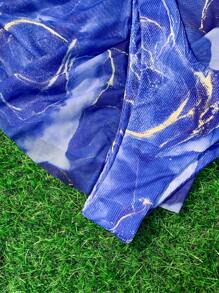 Swim Vcay Summer Beach Marble Print Underwire Bikini Set With Beach Skirt - Blue - View 4