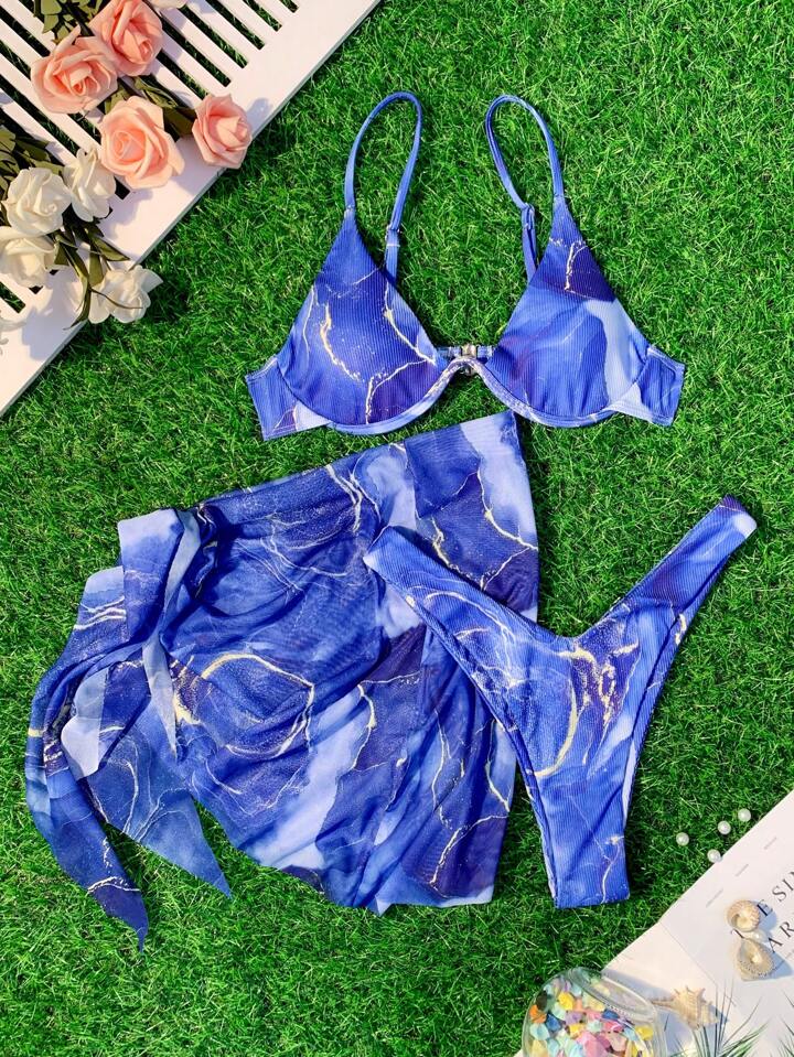 SHEIN Swim Summer Beach Marble Print Underwire Bikini Set With Beach Skirt