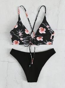 SHEIN Swim Summer Beach Floral Print Bikini Set - Black - View 3