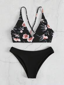 SHEIN Swim Summer Beach Floral Print Bikini Set - Black - View 4