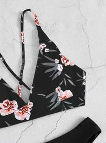 SHEIN Swim Summer Beach Floral Print Bikini Set - Black - View 5