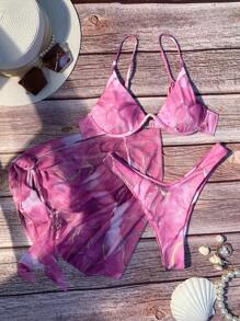 Swim SXY Summer Beach Marble Print Underwire Bikini Set With Beach Skirt - Pink - View 4