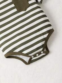 SHEIN Vintaside Kids Baby Boy Striped Bodysuit & Bow Front Shorts & Hat - Army Green - View 4