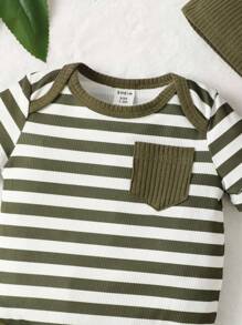 SHEIN Vintaside Kids Baby Boy Striped Bodysuit & Bow Front Shorts & Hat - Army Green - View 5