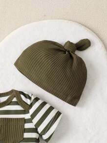 SHEIN Vintaside Kids Baby Boy Striped Bodysuit & Bow Front Shorts & Hat - Army Green - View 7