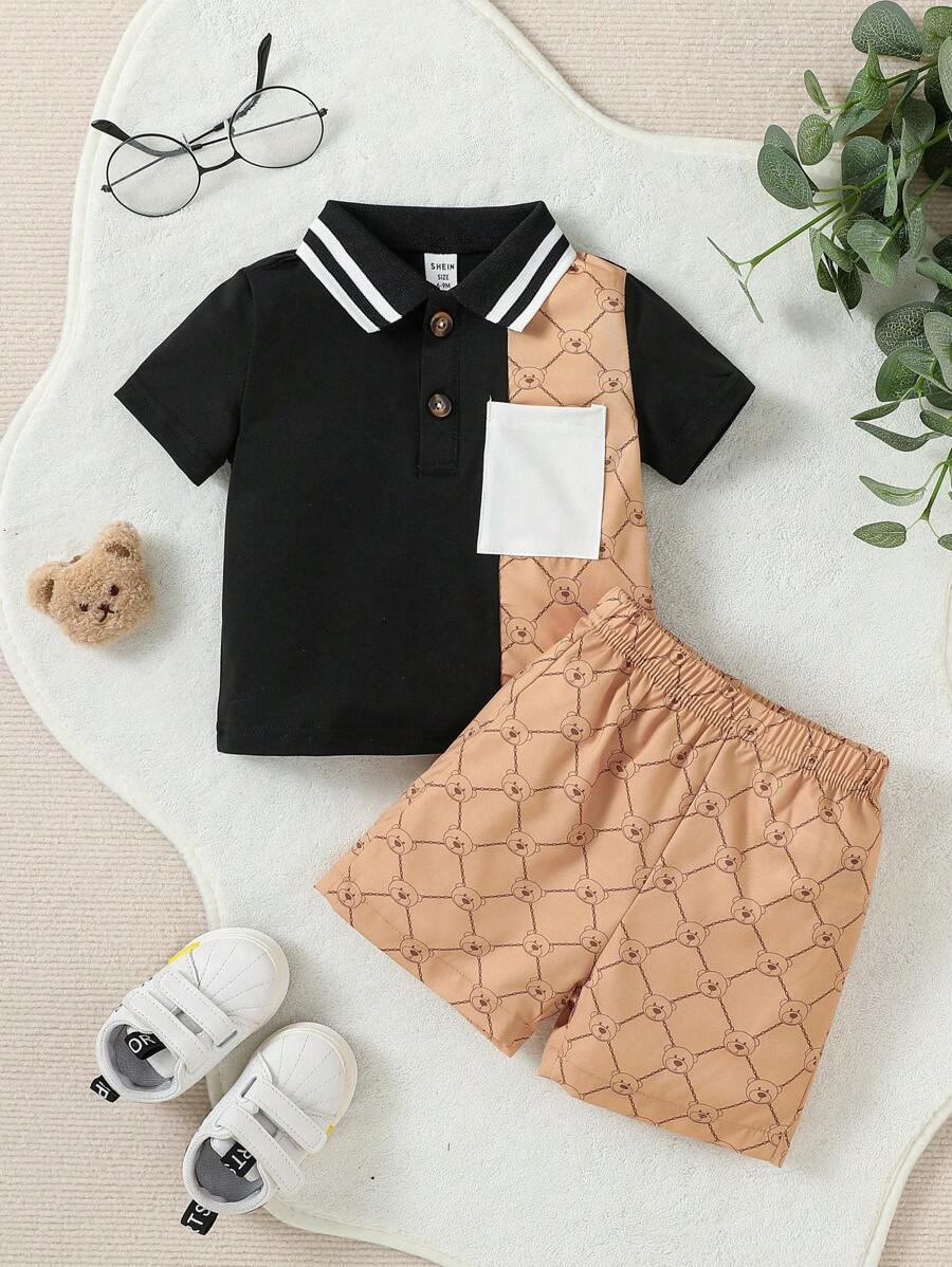 Baby Boy Summer Casual Cartoon Pattern Short Sleeve Polo Shirt And Shorts Gentlemen Clothes Set