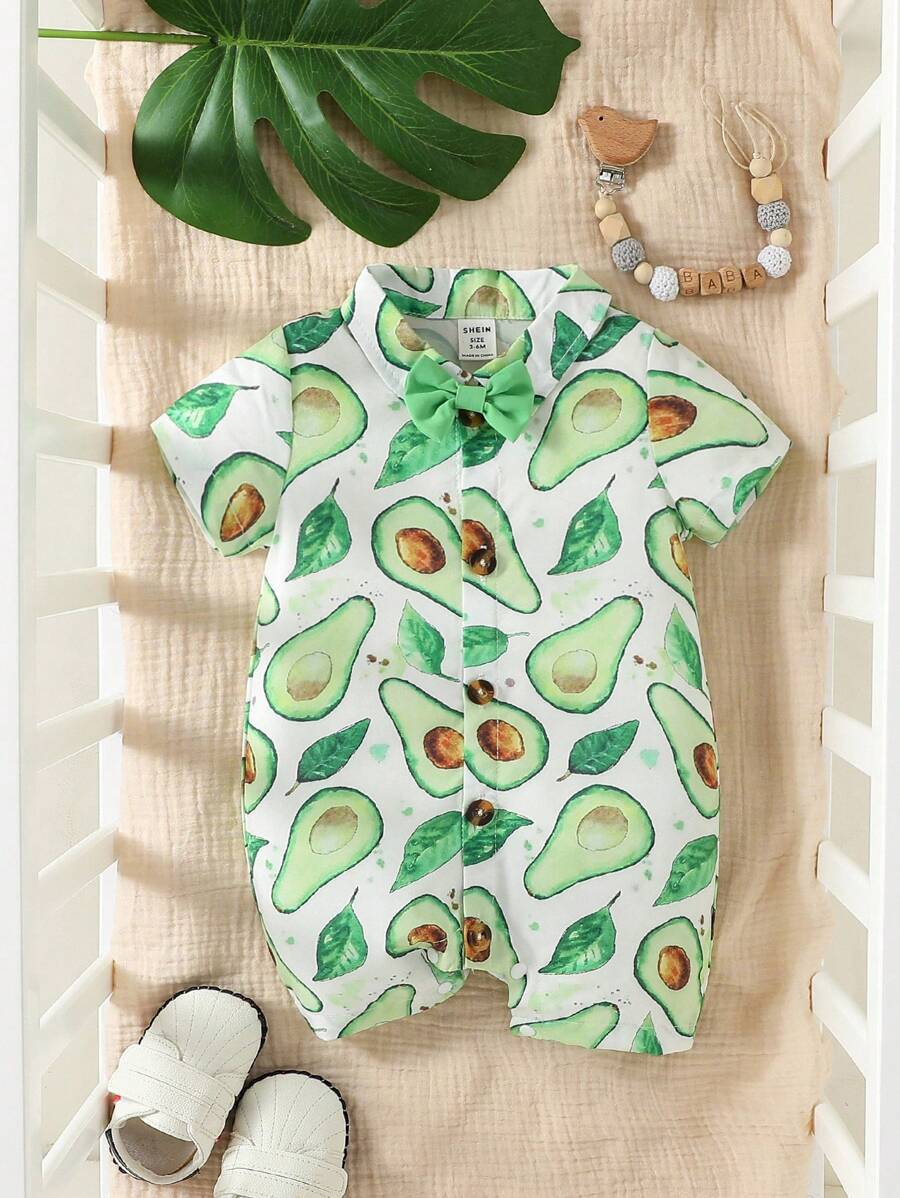 Baby Boy Avocado Print Bow Front Shirt Romper - Multicolor - View 1