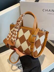 絲巾裝飾幾何樣式手提包雙色 - 棕色 - 查看 1