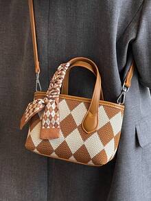 絲巾裝飾幾何樣式手提包雙色 - 棕色 - 查看 2