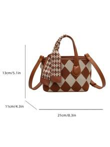 絲巾裝飾幾何樣式手提包雙色 - 棕色 - 查看 3