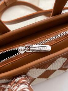 絲巾裝飾幾何樣式手提包雙色 - 棕色 - 查看 4