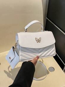Butterfly Decor Flap Square Bag Chevron Pattern With Coin Purse - White - View 1