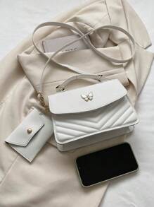 Butterfly Decor Flap Square Bag Chevron Pattern With Coin Purse - White - View 5
