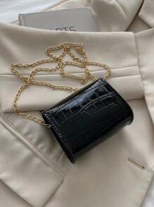 Bolso de hombro cuadrado con bolsa de correa de cadena delicada, patrón de cocodrilo y cierre con estética elegante - Negro - Ver 2