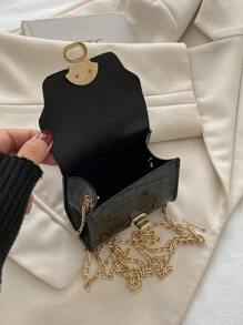 Bolso de hombro cuadrado con bolsa de correa de cadena delicada, patrón de cocodrilo y cierre con estética elegante - Negro - Ver 3