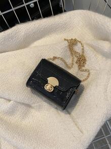 Bolso de hombro cuadrado con bolsa de correa de cadena delicada, patrón de cocodrilo y cierre con estética elegante - Negro - Ver 7