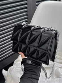 絎縫方形包黑色翻蓋鏈條帶 - 黑色 - 查看 1