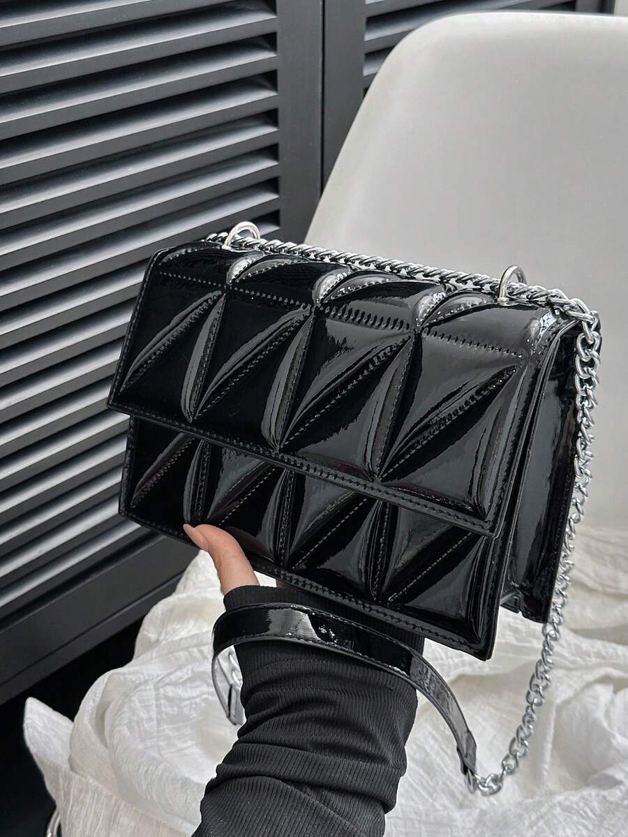 絎縫方形包黑色翻蓋鏈條帶 - 黑色 - 查看 1