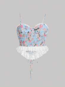 SHEIN MOD Áo hai dây Plus Size Bất đối xứng Tương phản ren Xù Dải chun Ren lên Hoa Boho - Nhiều màu - Xem 2