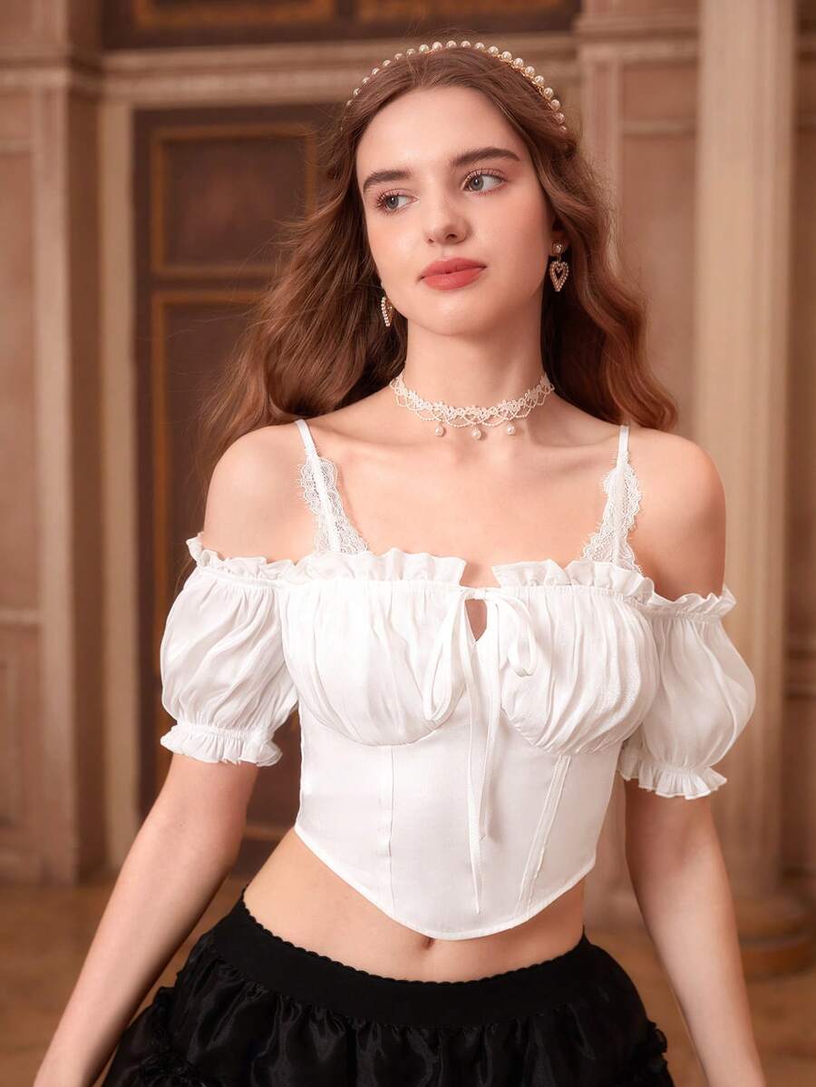 SHEIN MOD Cold Shoulder Frill Trim Tie Front Ruched Bust Bandana Hem Top - White - View 1