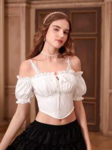 SHEIN MOD Cold Shoulder Frill Trim Tie Front Ruched Bust Bandana Hem Top - White - View 5