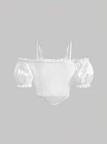 SHEIN MOD Cold Shoulder Frill Trim Tie Front Ruched Bust Bandana Hem Top - White - View 10