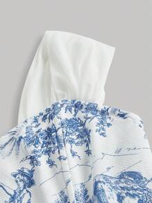 SHEIN MOD 人物和植物印花,露肩上衣,藍色和白色印花,懸垂袖套,裁剪的頭巾馬甲結構頂部 - 藍白色 - 查看 3